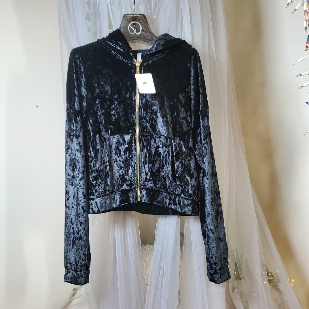 Fabletics Crushed Velvet Full Zip Hoodie Black Whimsgoth Witchy Size L Retro